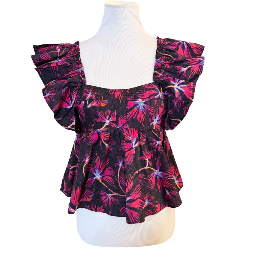 Ulla Johnson Romi Top Women Size 0 Black Pink Lotus Floral Ruffle Sleeve Boho